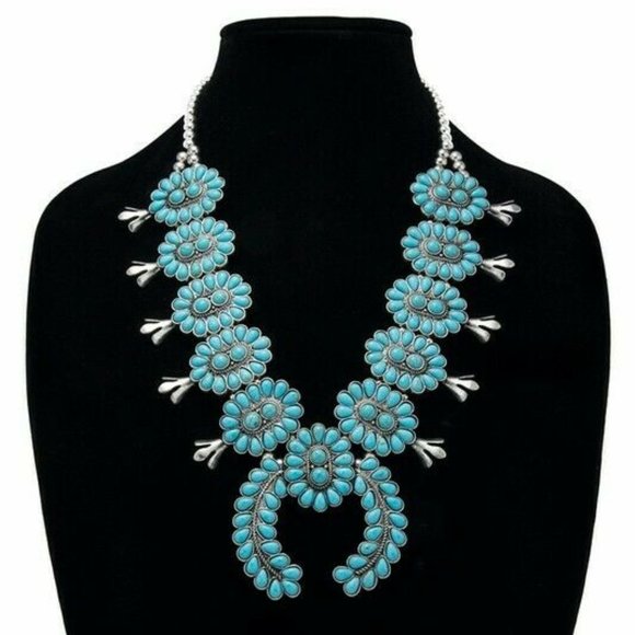 New Full Squash Blossom Natural Turquoise Stone Silver Western Necklace - Picture 2 of 6